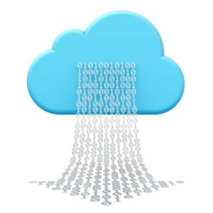 3D rendering of a cloud shape and a digital arrow illustrating cloud computing